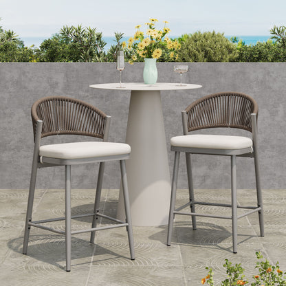 Outdoor 26&quot; Counter Height Metal Frame Counter Stools With Scallop Shaped Backrest &amp; Water Resistant Cushions