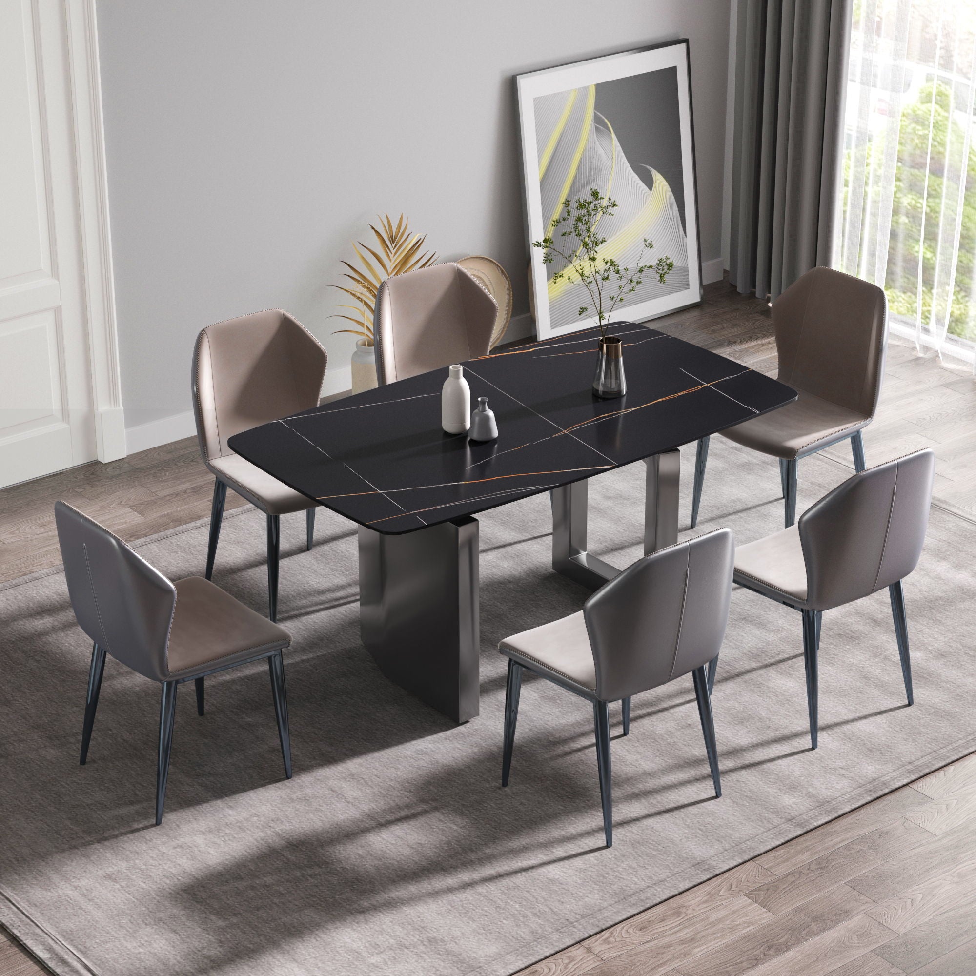 63&quot; Modern Artificial Stone Black Curved Black Metal Leg Dining Table, 6 People - Black