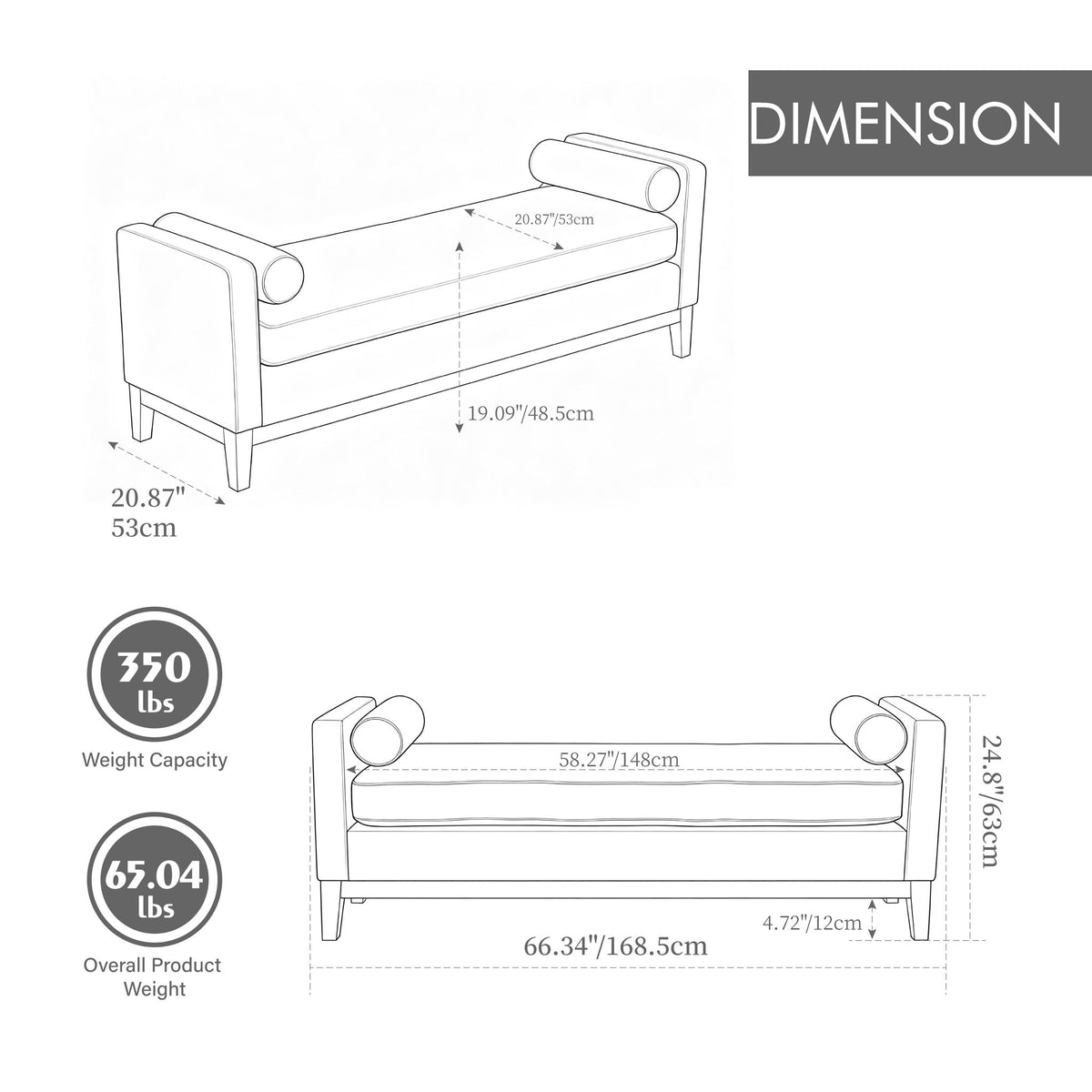 Upholstered End Of Bed Bench With Arms &amp; 2 Bolsters For Bedroom
