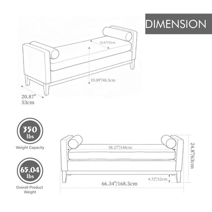 Upholstered End Of Bed Bench With Arms &amp; 2 Bolsters For Bedroom