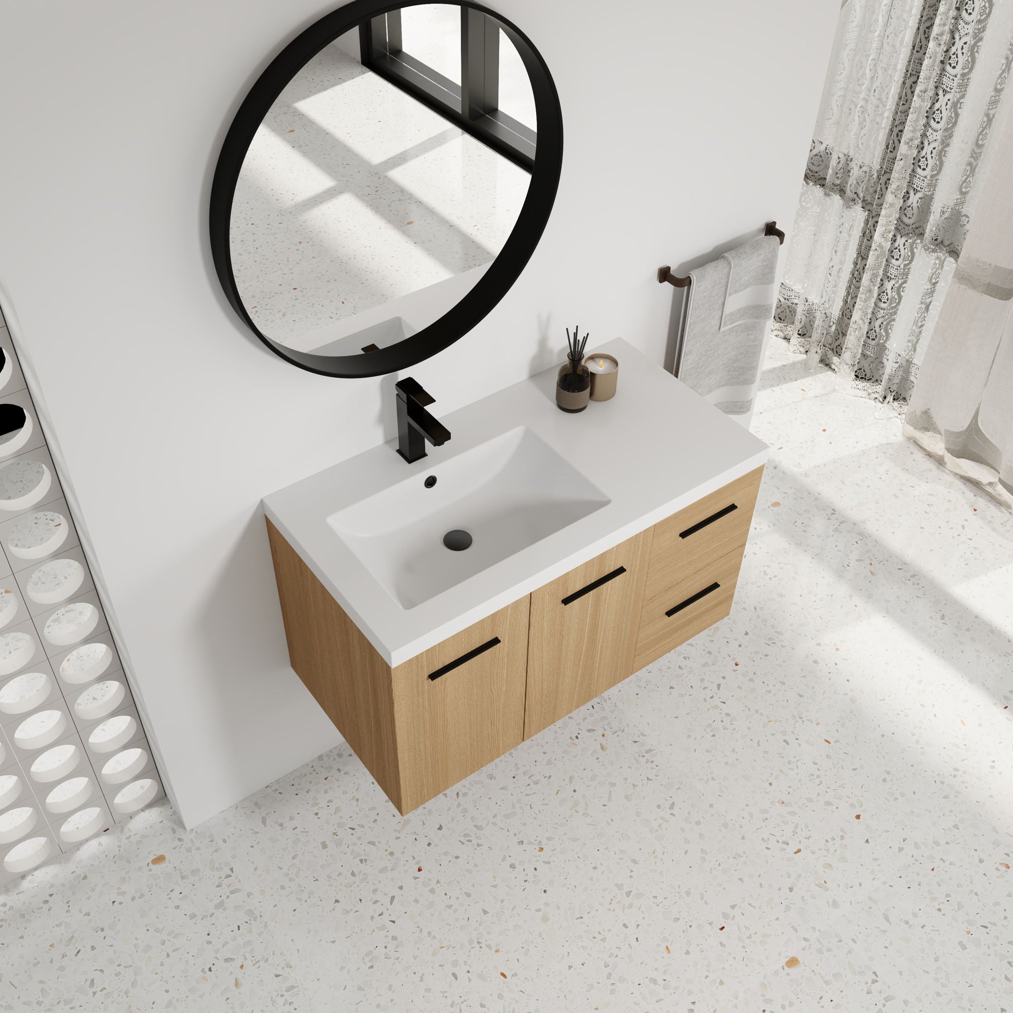 Wall Mounted Floating Bathroom Vanity With Sink, Door &amp; Drawers Modular Cabinet