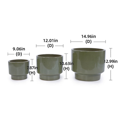 3 Pieces Ceramic Flowerpot, Planter For Patio, Garden Or Windowsills - Antique Light Green