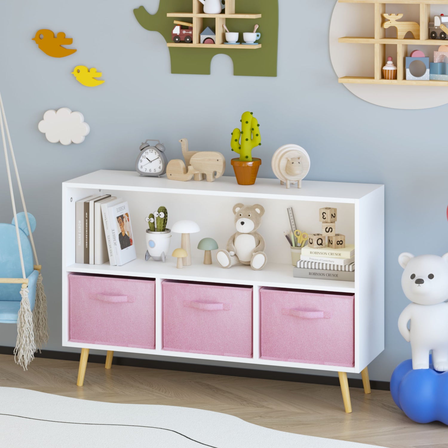 Kids Bookcase With Collapsible Fabric Drawers, Children&