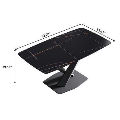 63&quot; Artificial Stone Black Curved Black Metal Leg Dining Table - Black