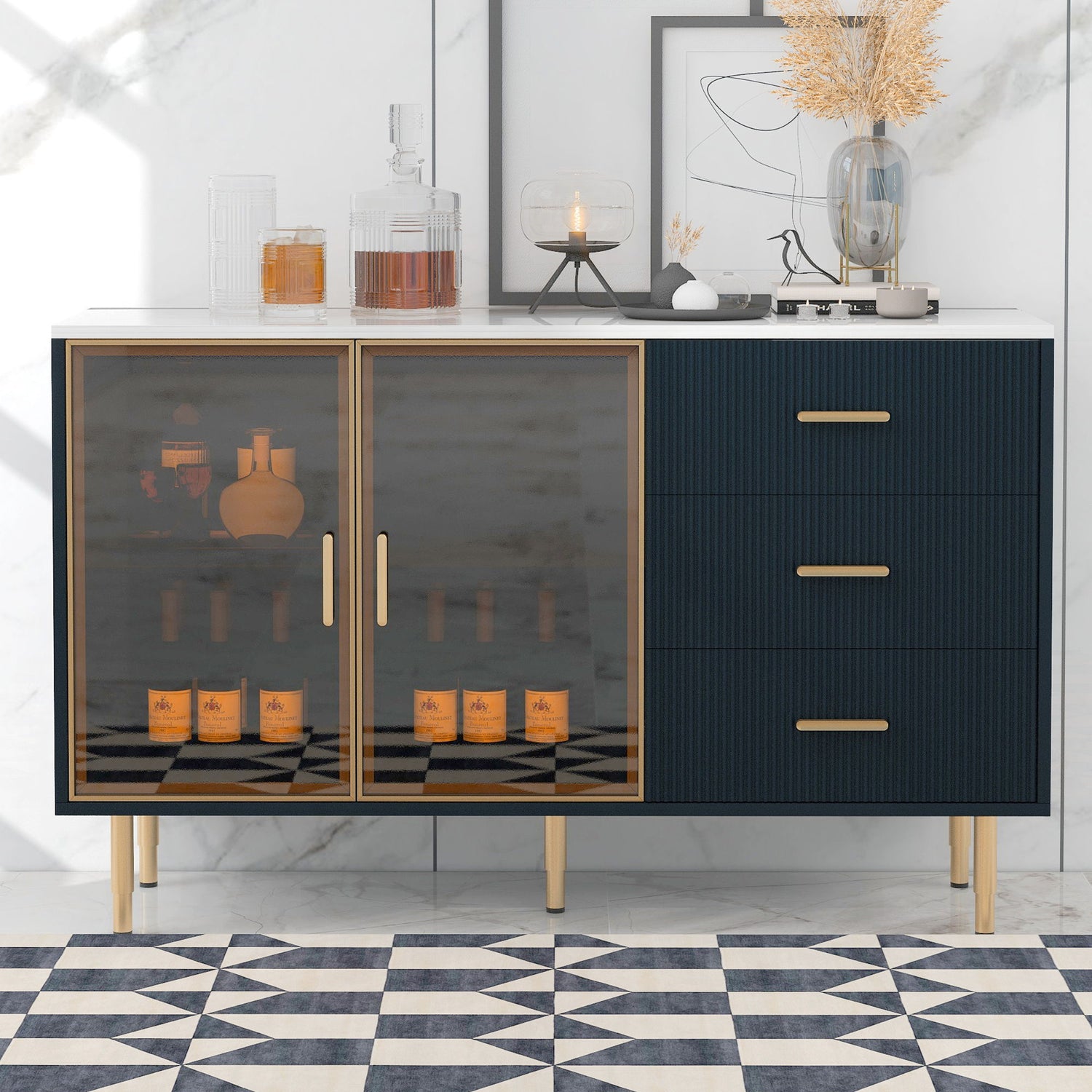 Modern Sideboard Buffet Cabinet Marble Sticker Tabletop And Amber-Yellow Tempered Glass Doors With Gold Metal Legs &amp; Handles