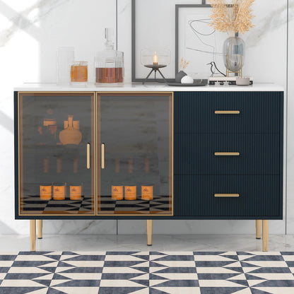 Modern Sideboard Buffet Cabinet Marble Sticker Tabletop And Amber-Yellow Tempered Glass Doors With Gold Metal Legs &amp; Handles