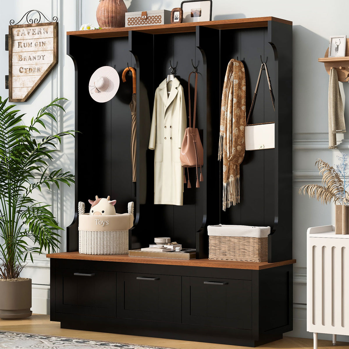 Hall Tree With Bench And Shoe Storage, 3 Large Drawers, Open Storage Shelves &amp; Hooks