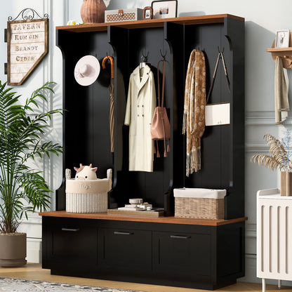 Hall Tree With Bench And Shoe Storage, 3 Large Drawers, Open Storage Shelves &amp; Hooks