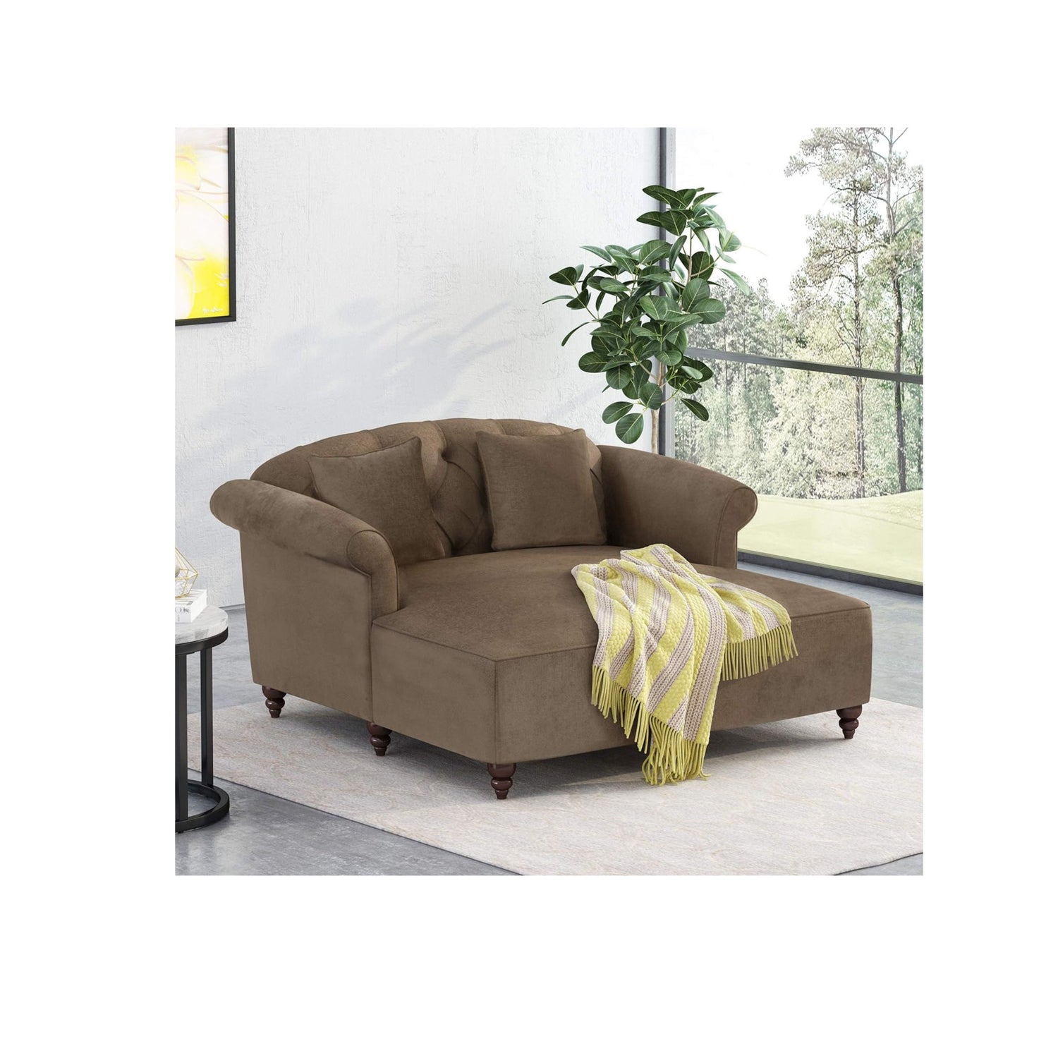 Upholstered Chaise Lounge With Scroll Arms, Turned Legs And 2 Pillows