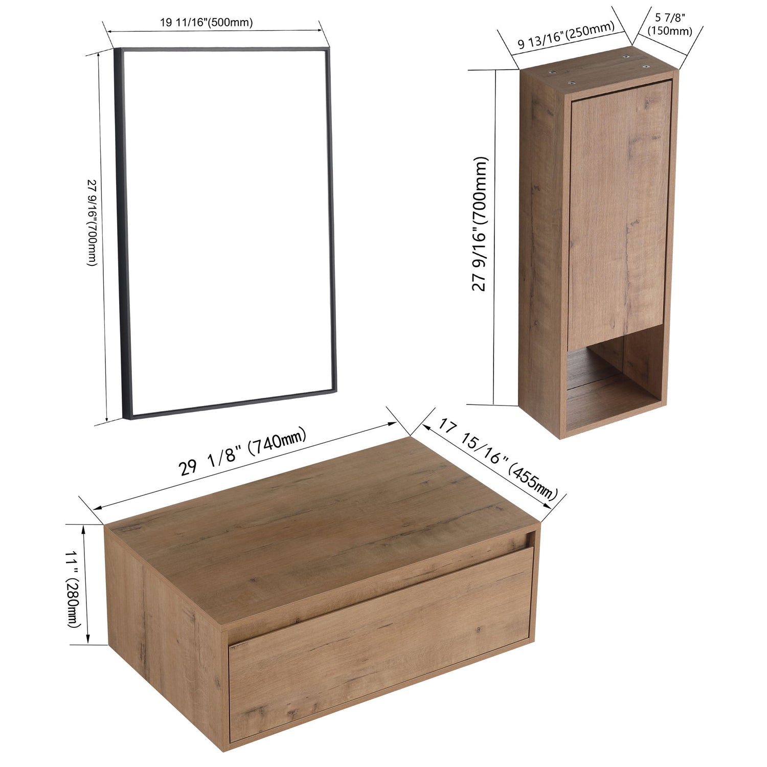 30" Wall Mounted Dressing Table With Mirror, Frame Storage Cabinet, Soft Close Door - Imitative Oak