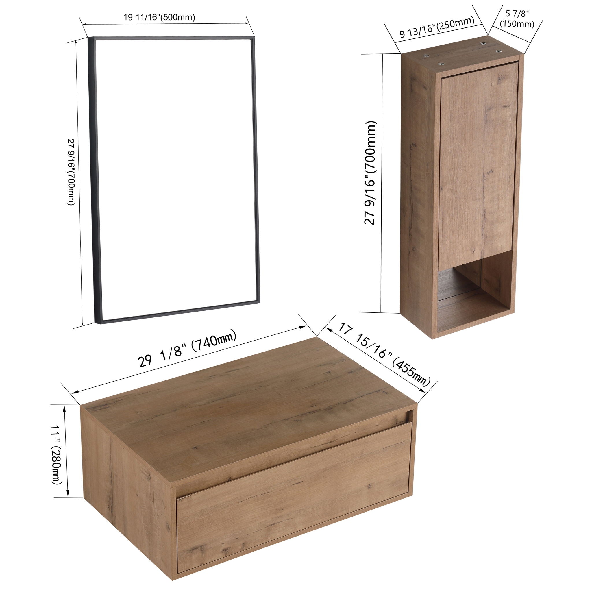 30" Wall Mounted Dressing Table With Mirror, Frame Storage Cabinet, Soft Close Door - Imitative Oak