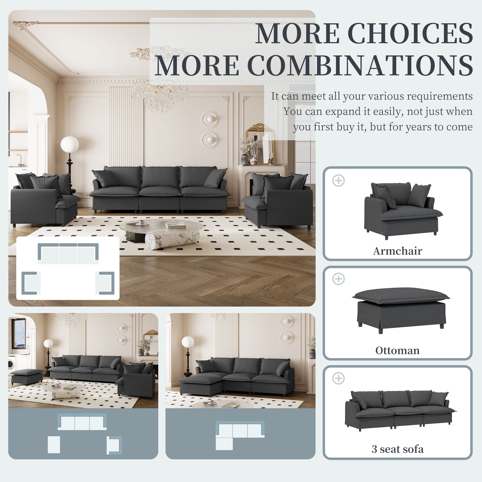 Living Room Set Modular Sectional Couch, Upholstered Sofa &amp; Armchair &amp; Movable Ottoman