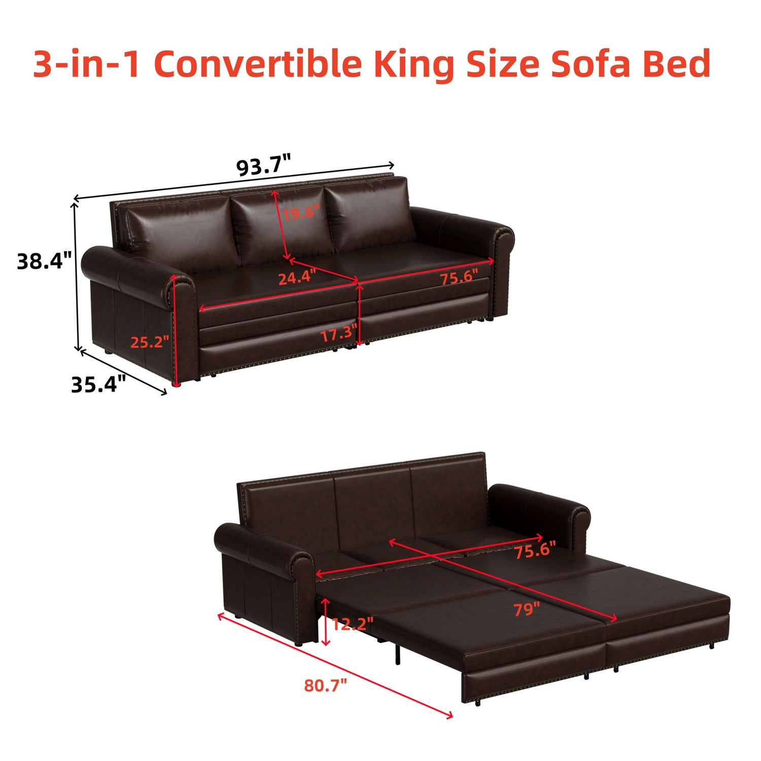 3 In 1 Convertible Sleeper Sofa With Nailhead Trim &amp; Rolled Arm
