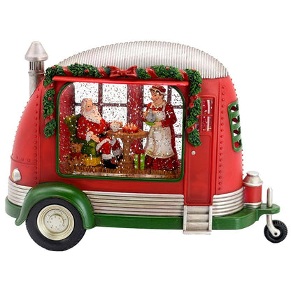 Christmas Plastic / Resin Camper With Mr &amp; Mrs Santa Tea Time LED / Water Spinning / 2 Way Switch, 3*AA Required - Red