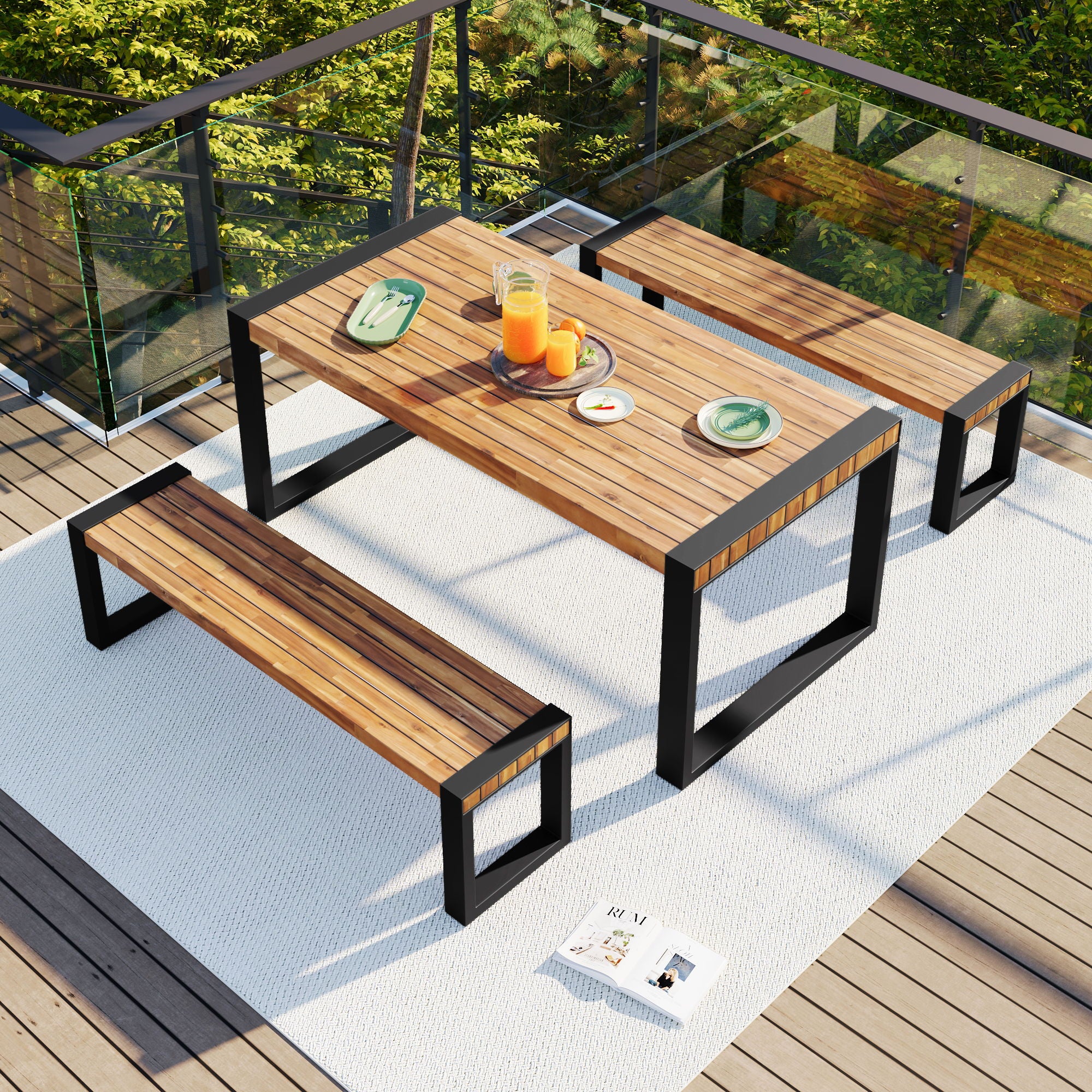 3 Pieces Outdoor Dining Table With 2 Benches, Patio Dining Set With Unique Top Texture, Acacia Wood Top &amp; Steel Frame, All Weather Use, For Outdoor &amp; Indoor - Natural