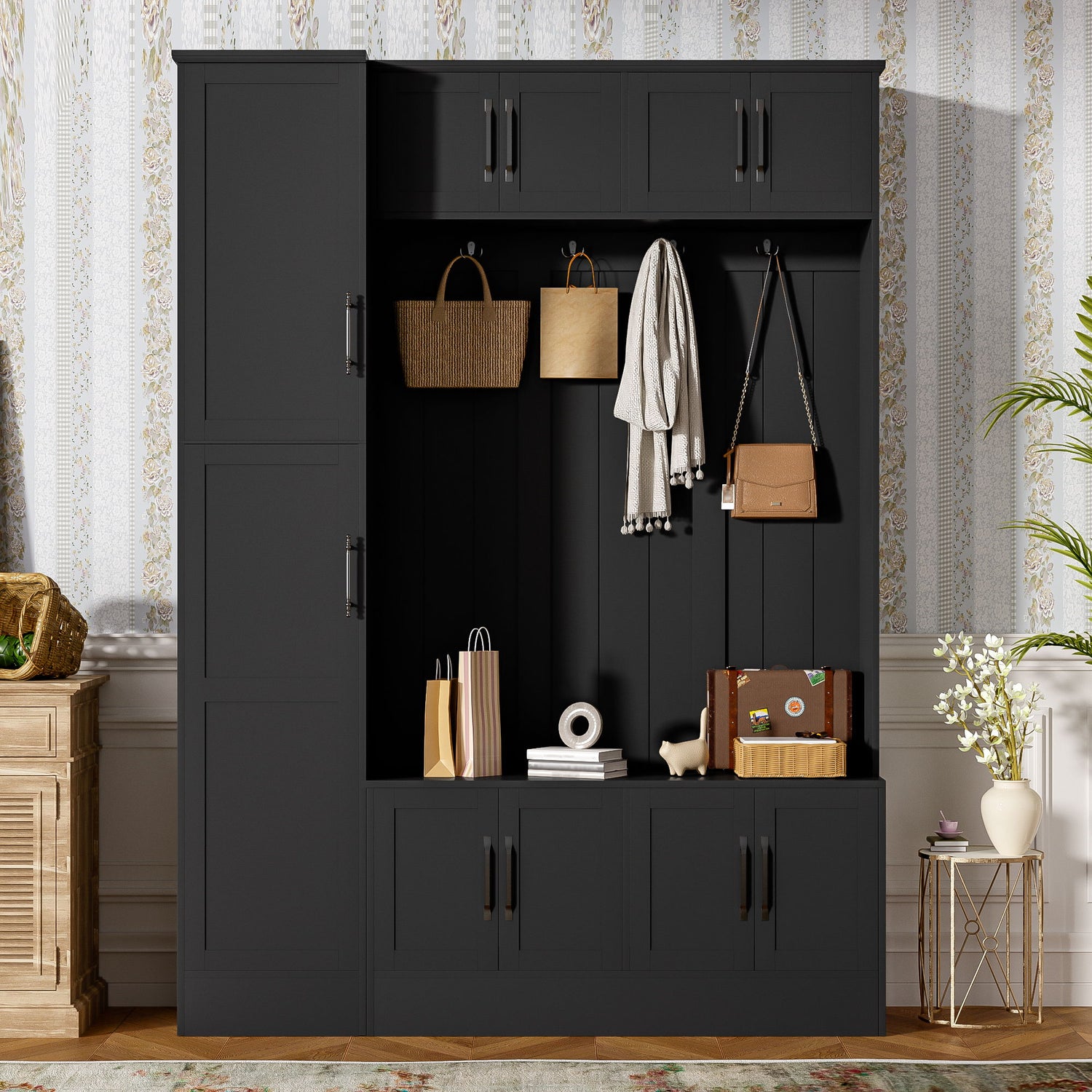 Tall Hall Tree With Shoe Storage, 4 In 1 Entryway Bench With 6 Cabinets, 4 Coat Hooks &amp; Adjustable Shelf For Hallway - Black