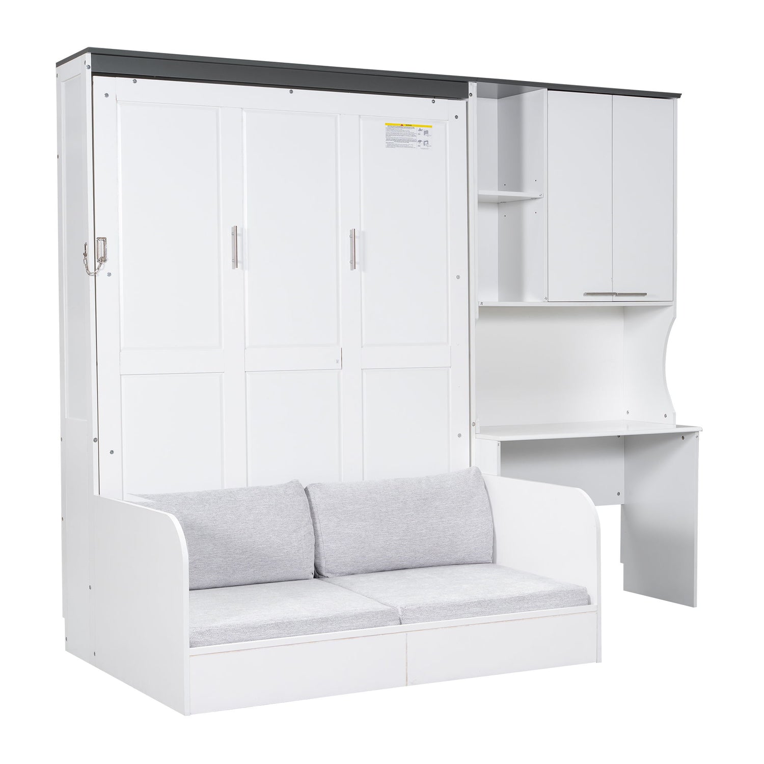 Multi Functional Murphy Bed With Sofa, Desk, And Storage Cabinet In, Full Size - White