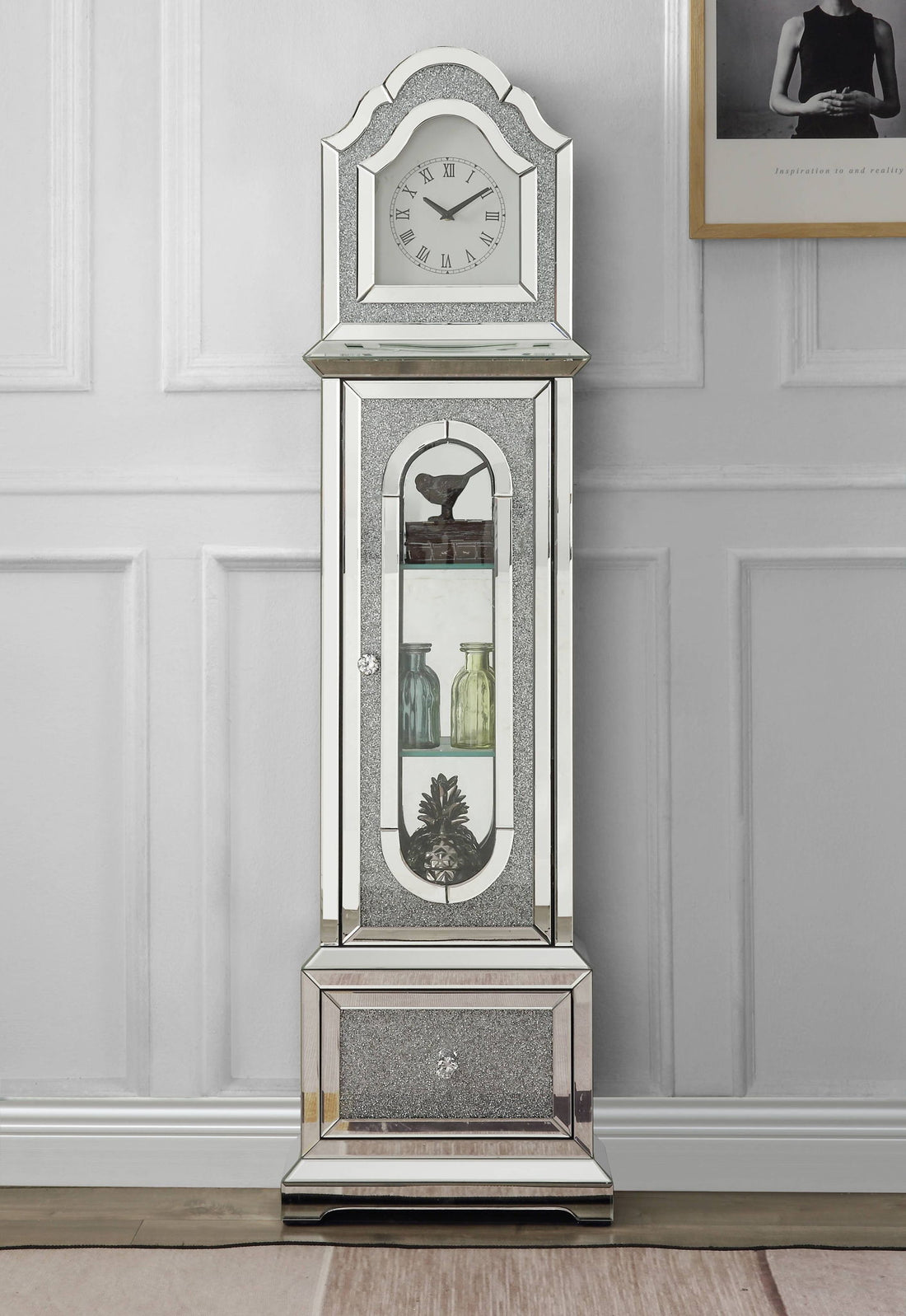 Noralie - Mirrored &amp; Faux Diamonds Grandfather Clock With LED - Silver Gray
