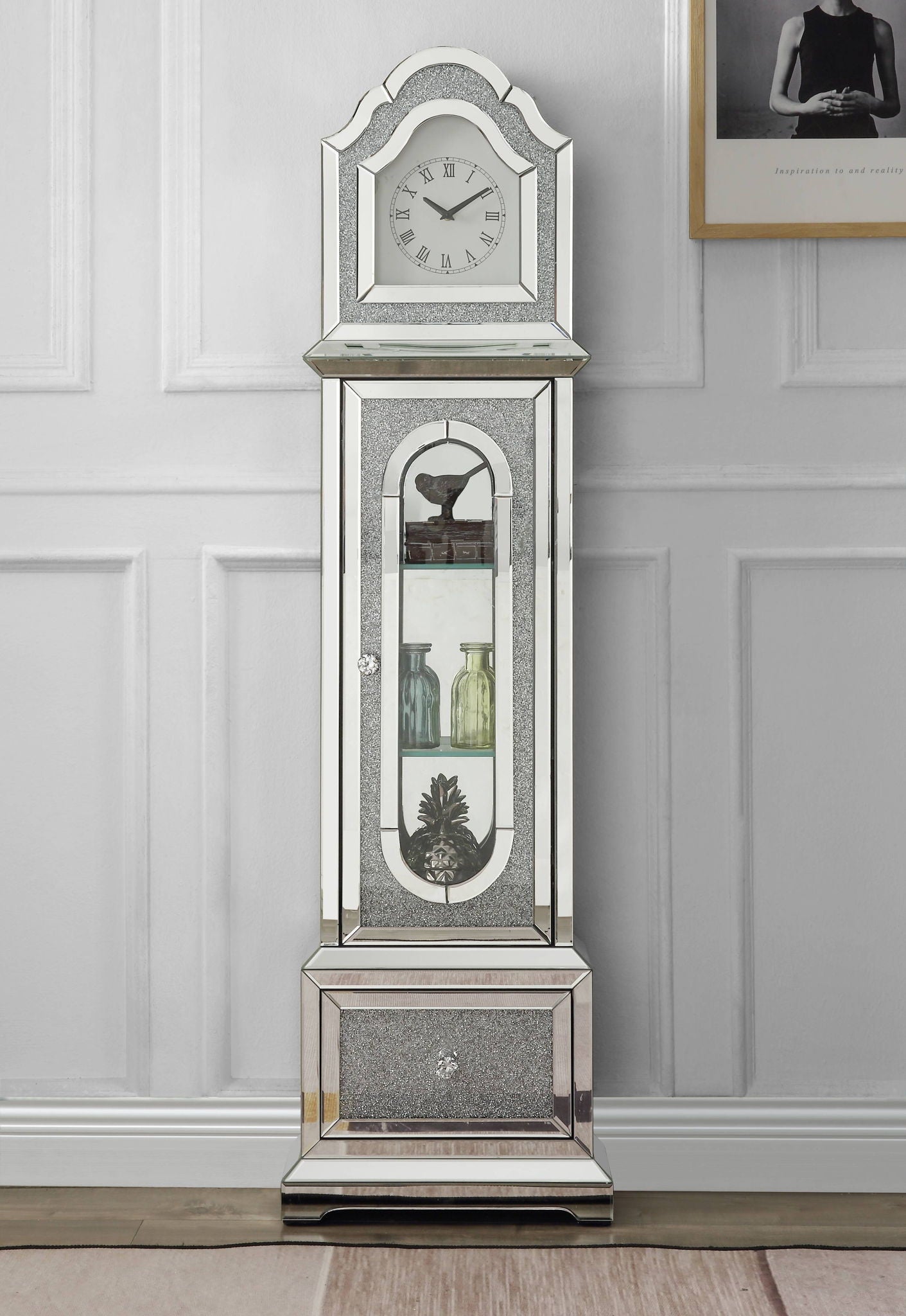 Noralie - Mirrored &amp; Faux Diamonds Grandfather Clock With LED - Silver Gray