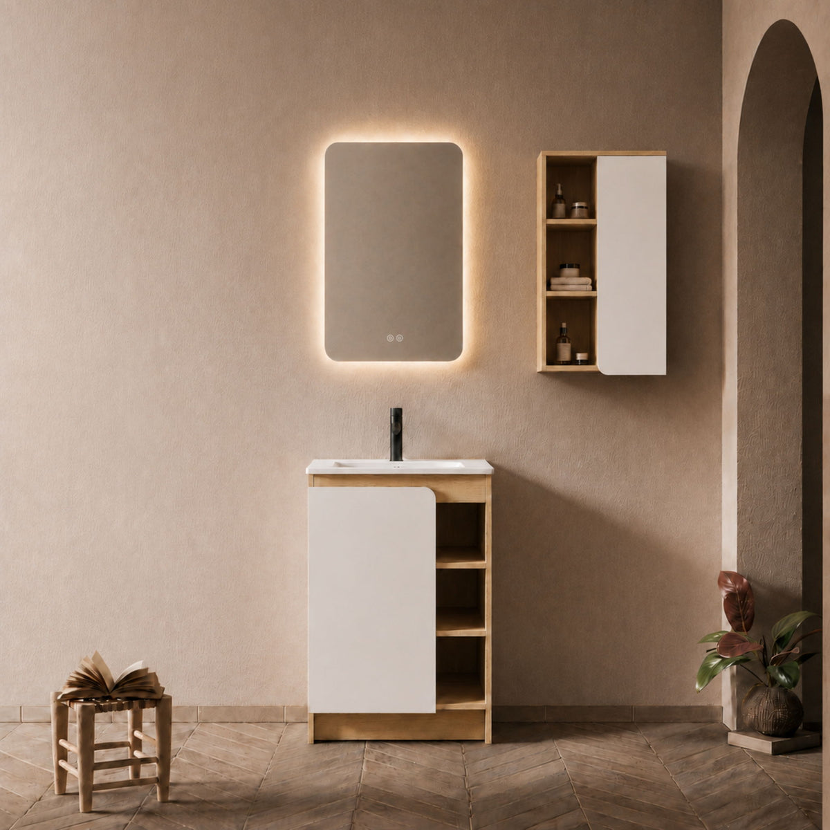 24" Bathroom Vanity With Sink &amp; Wall Mounted Side Cabinet, Vanity Set With Thin Edge Sink, Interchangeable &amp; Door Panels, Open &amp; Hidden Storage - Black / Light Oak / White
