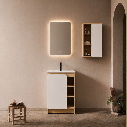 24" Bathroom Vanity With Sink &amp; Wall Mounted Side Cabinet, Vanity Set With Thin Edge Sink, Interchangeable &amp; Door Panels, Open &amp; Hidden Storage - Black / Light Oak / White