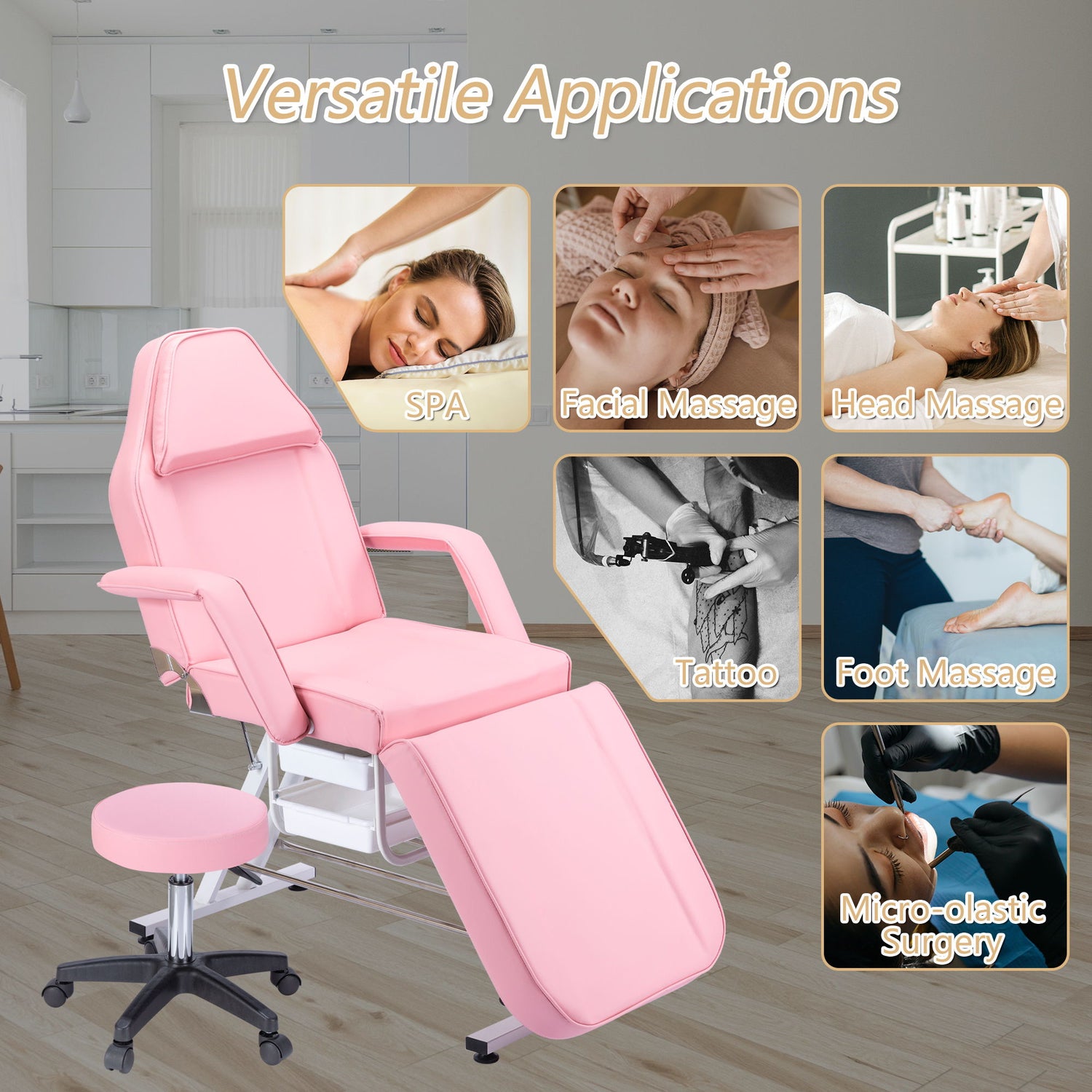 72.8&quot; Massage Salon Tattoo Chair With Two Trays Esthetician Bed With Hydraulic Stool, Multi-Purpose 3-Section Facial Bed Table, Adjustable Beauty Barber Spa Beauty Equipment