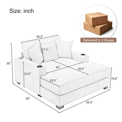 Oversized Chaise Lounger Modern Style Sofa Couch With Pillows, Charge Station &amp; Cup Holders