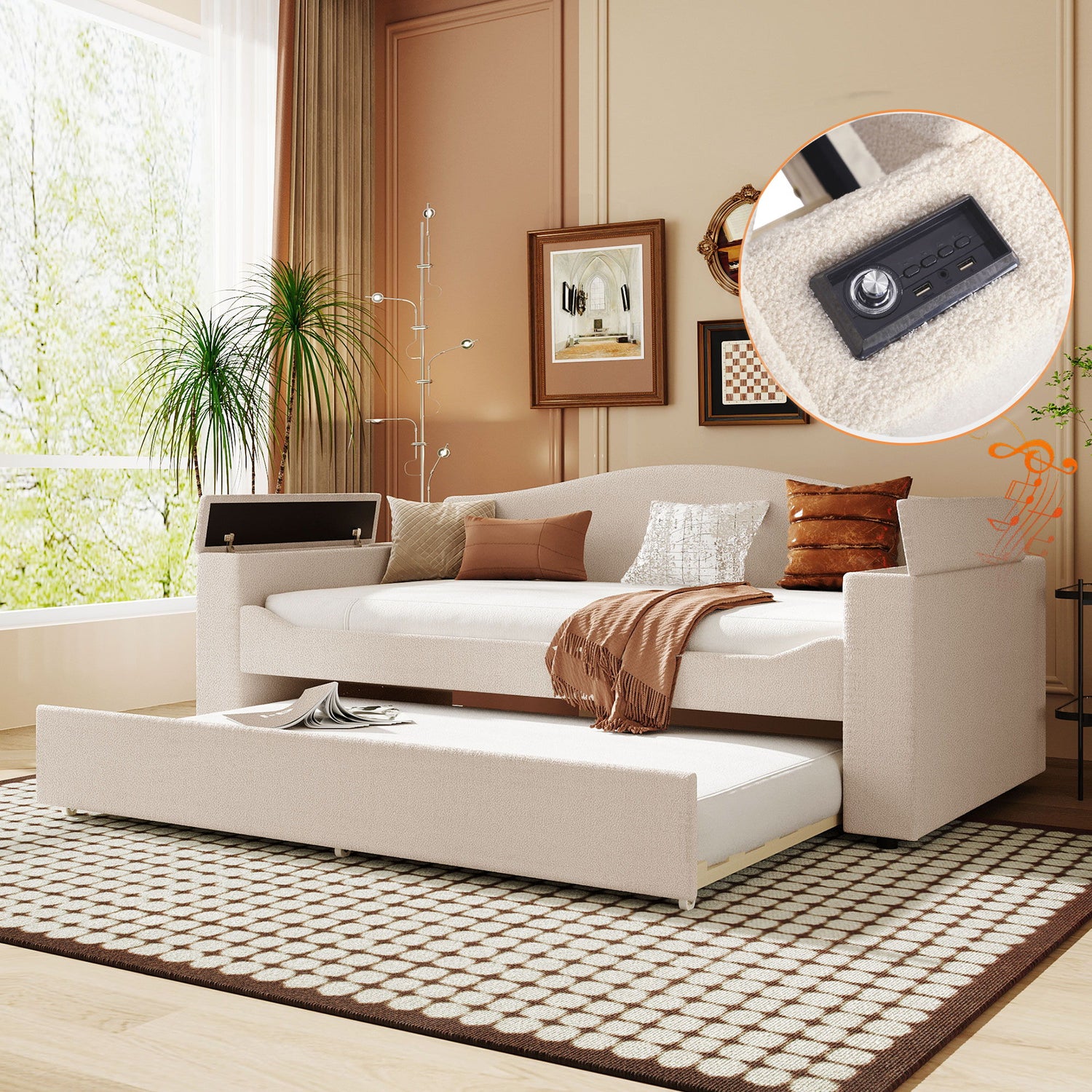 Upholstered Daybed With Storage Armrests, Trundle And Latest Integrated Bluetooth Audio System