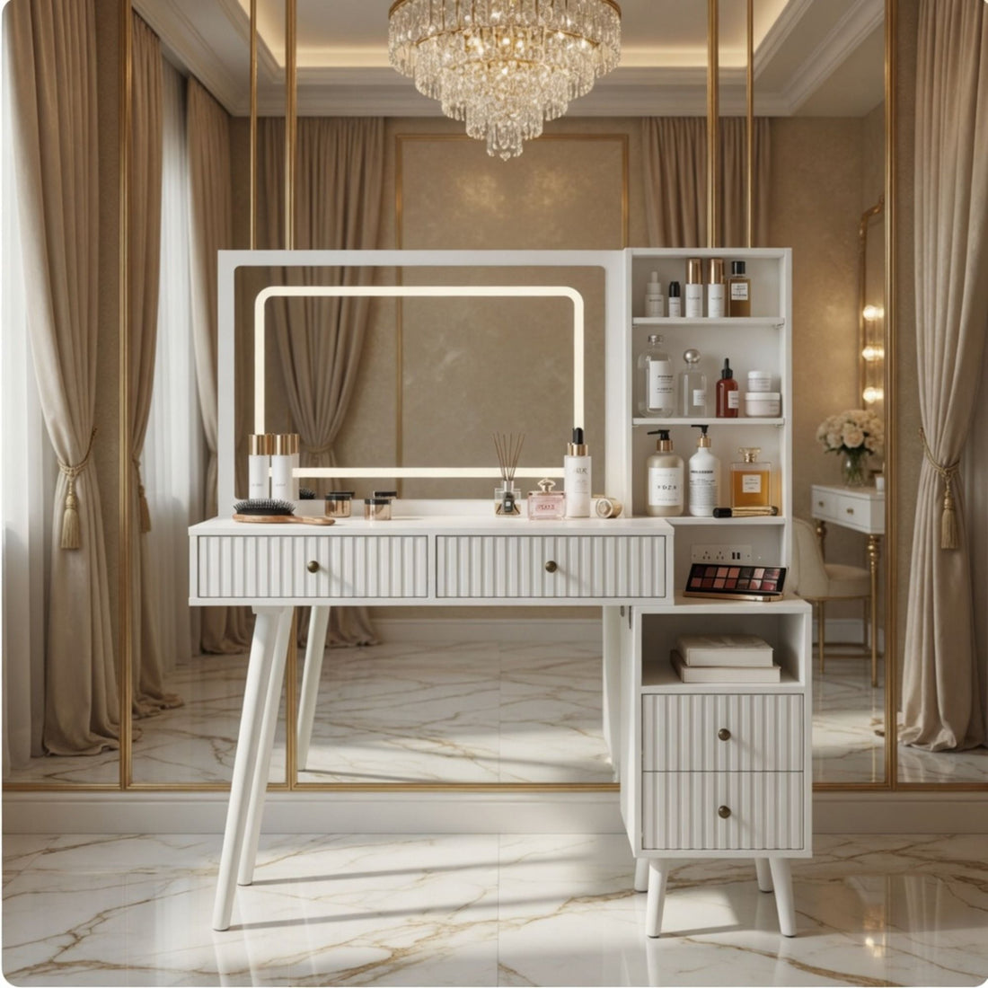 Fluted Vanity Desk With Lighted Mirror &amp; Outlet 4 Drawer, Makeup Table - White