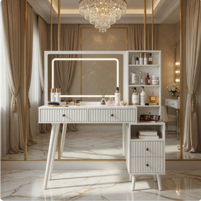 Fluted Vanity Desk With Lighted Mirror &amp; Outlet 4 Drawer, Makeup Table - White