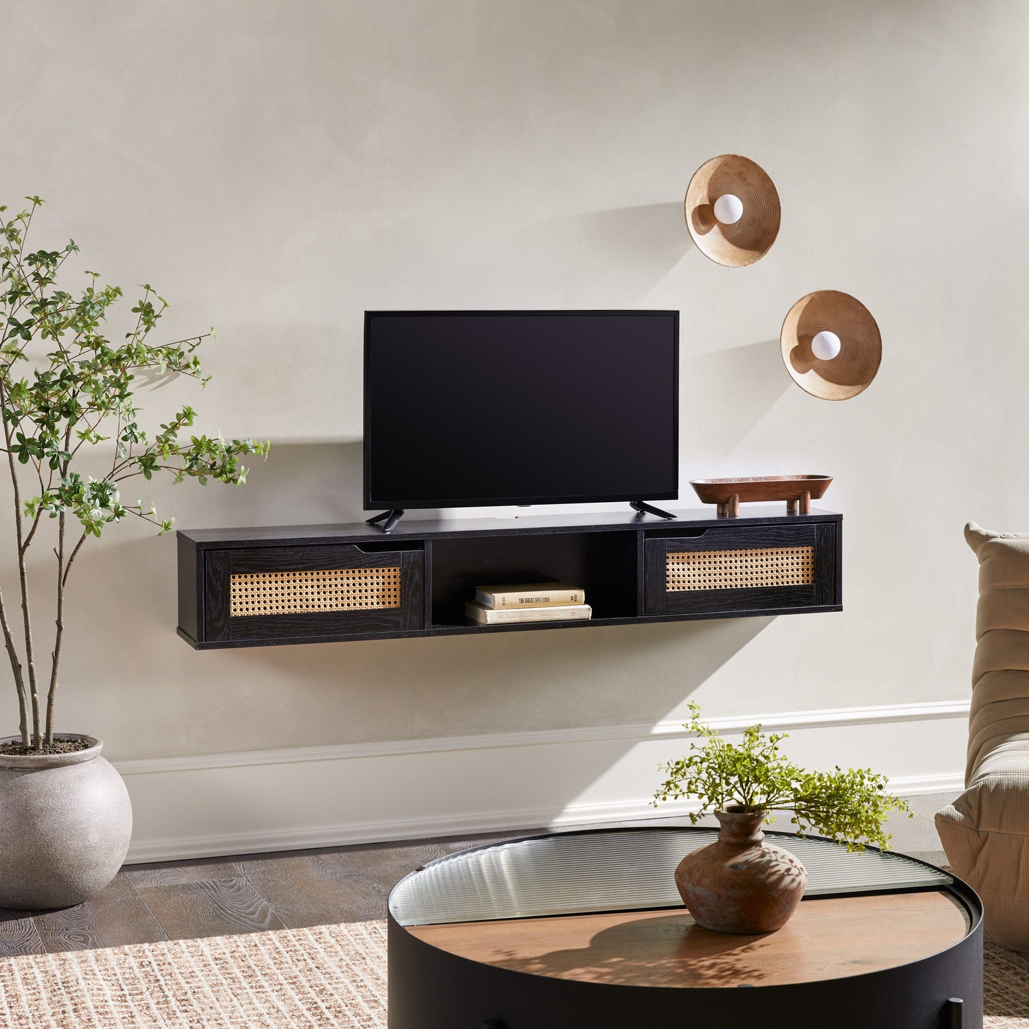 Modern Rattan Door Floating TV Stand For TVs Up To 65&quot;