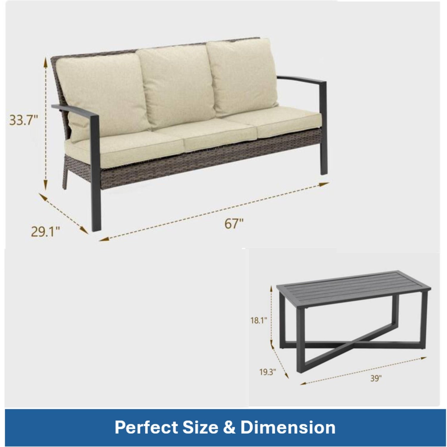 2 Piece Patio Set With Cushions &amp; Coffee Table