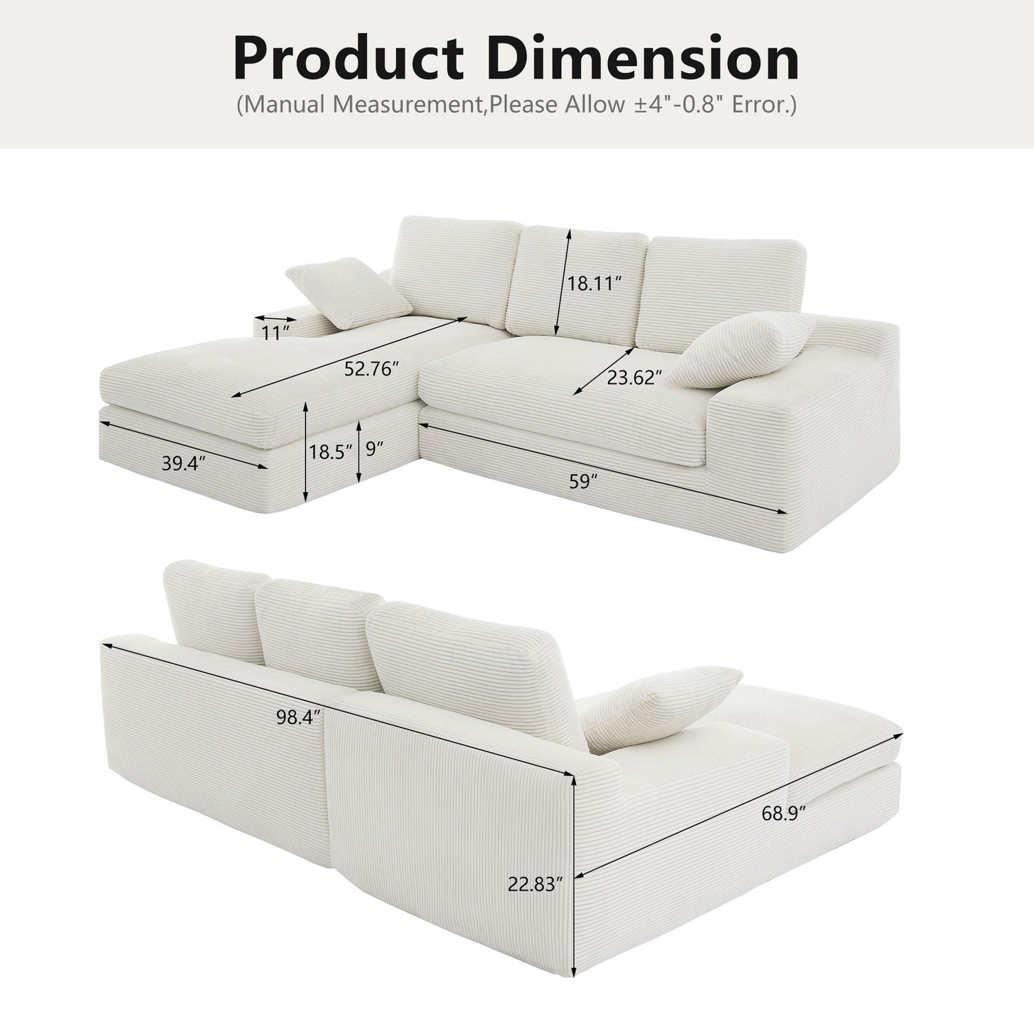 Compressed Sofa With 3 Back Cushions, 2 Throw Pillows