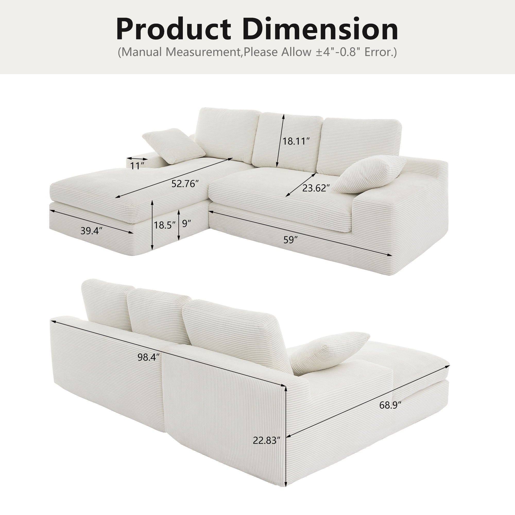 Compressed Sofa With 3 Back Cushions, 2 Throw Pillows