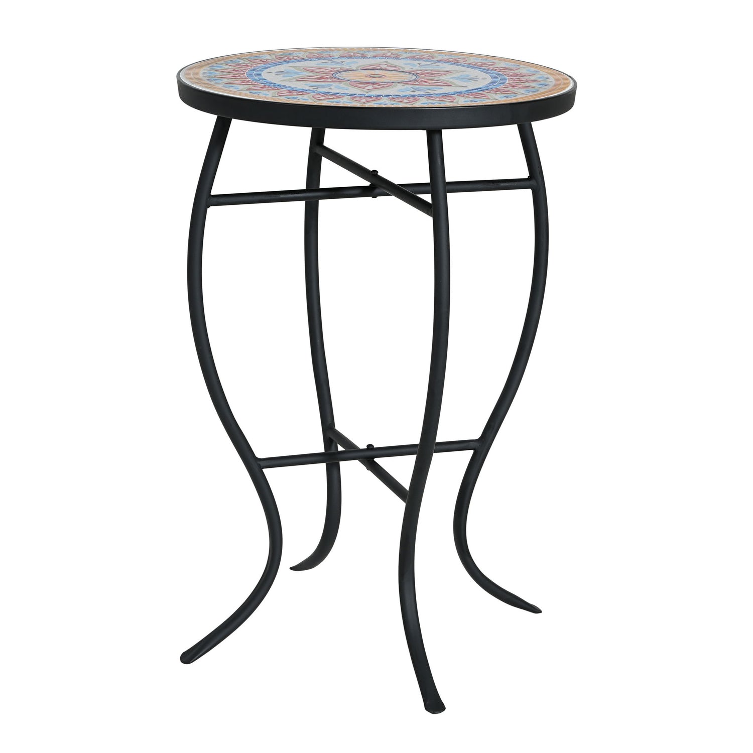 Outdoor Round Side Table With Mosaic Style Top And Curved Iron Legs