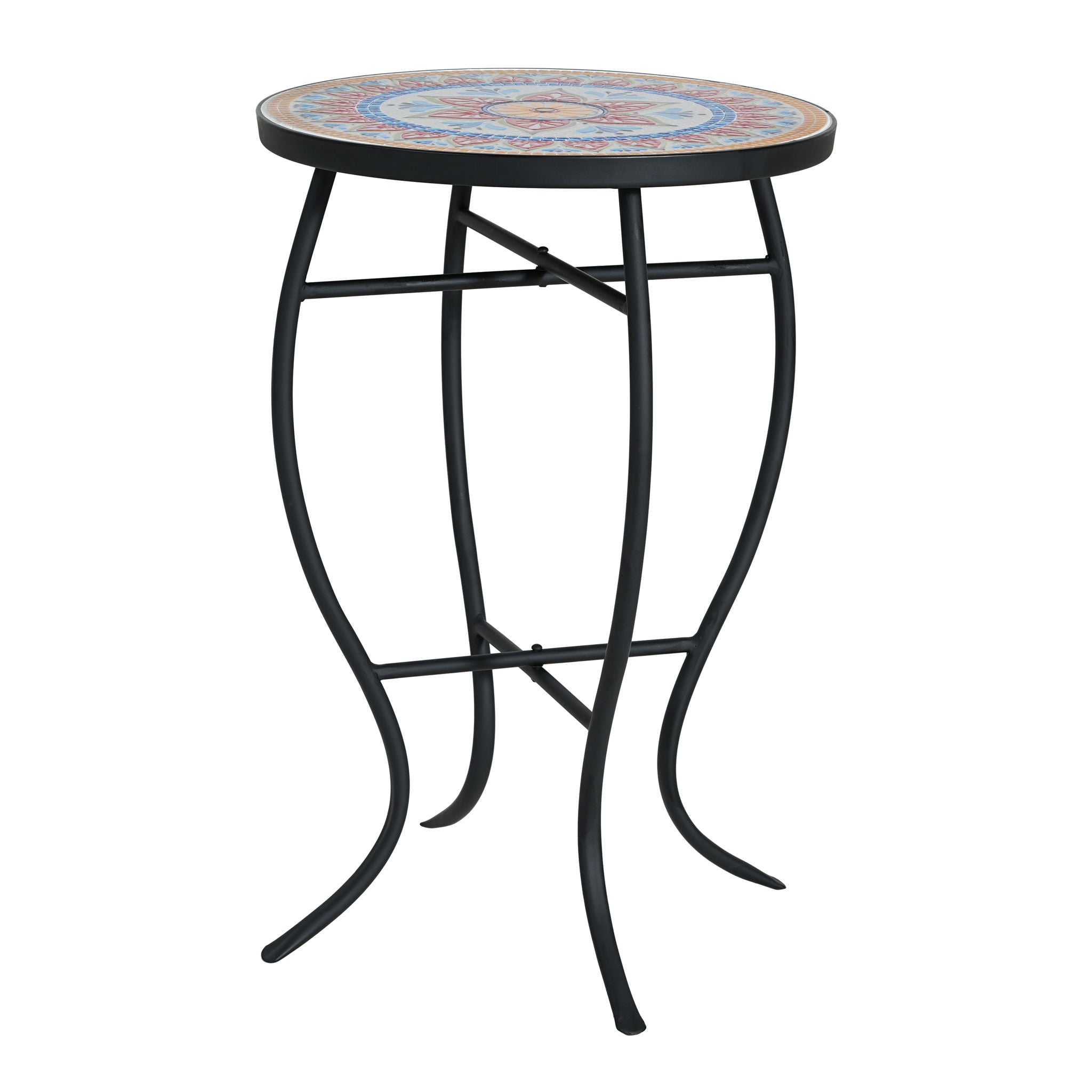Outdoor Round Side Table With Mosaic Style Top And Curved Iron Legs