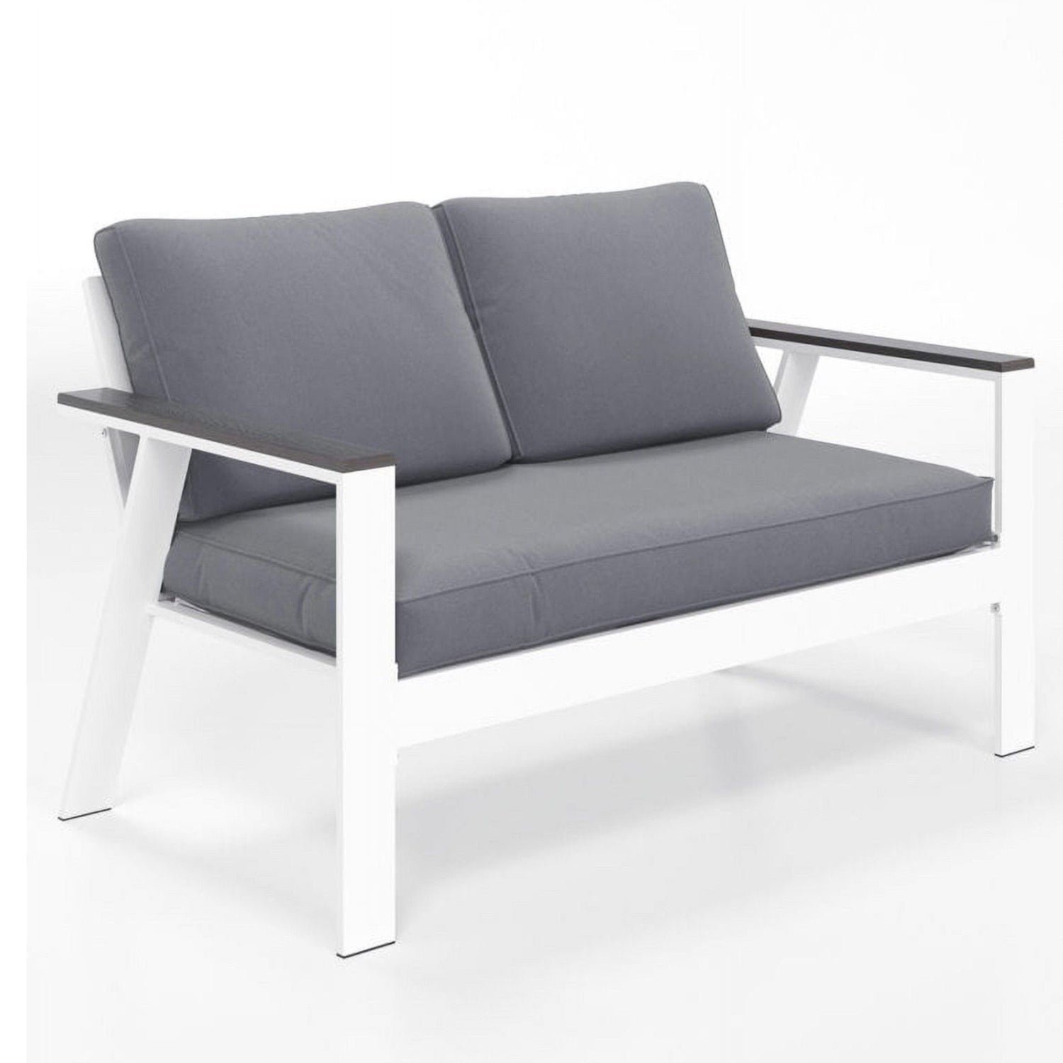 All Weather Patio Loveseat With Armrests &amp; Angled Backrest - White / Gray