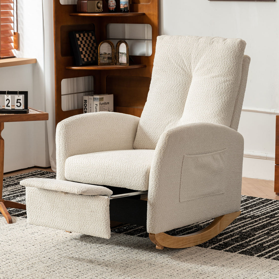 Accent Rocking Chair &amp; Footrest High Back Rubber Wood Rocking Legs Bedroom Living Space - Beige