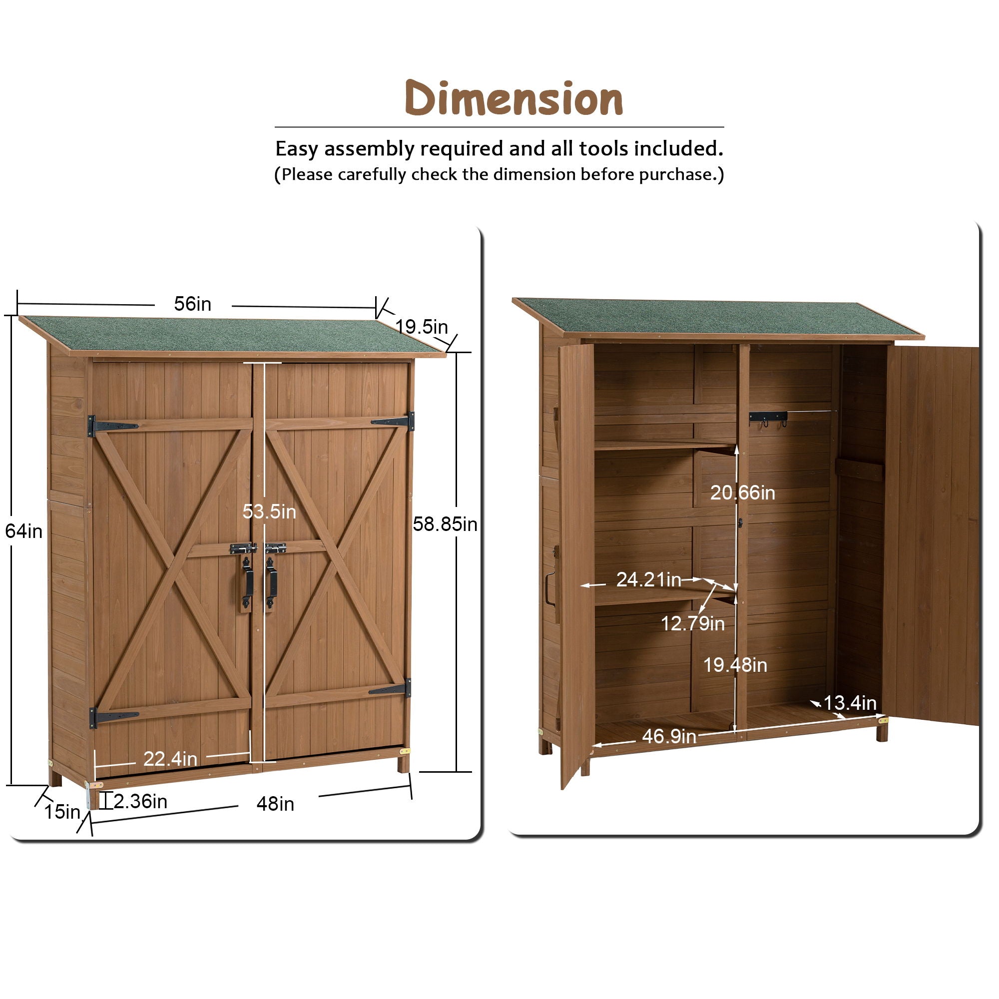 Outdoor Storage Shed With Lockable Door, Wooden Tool Storage Shed With Detachable Shelves &amp; Pitch Roof