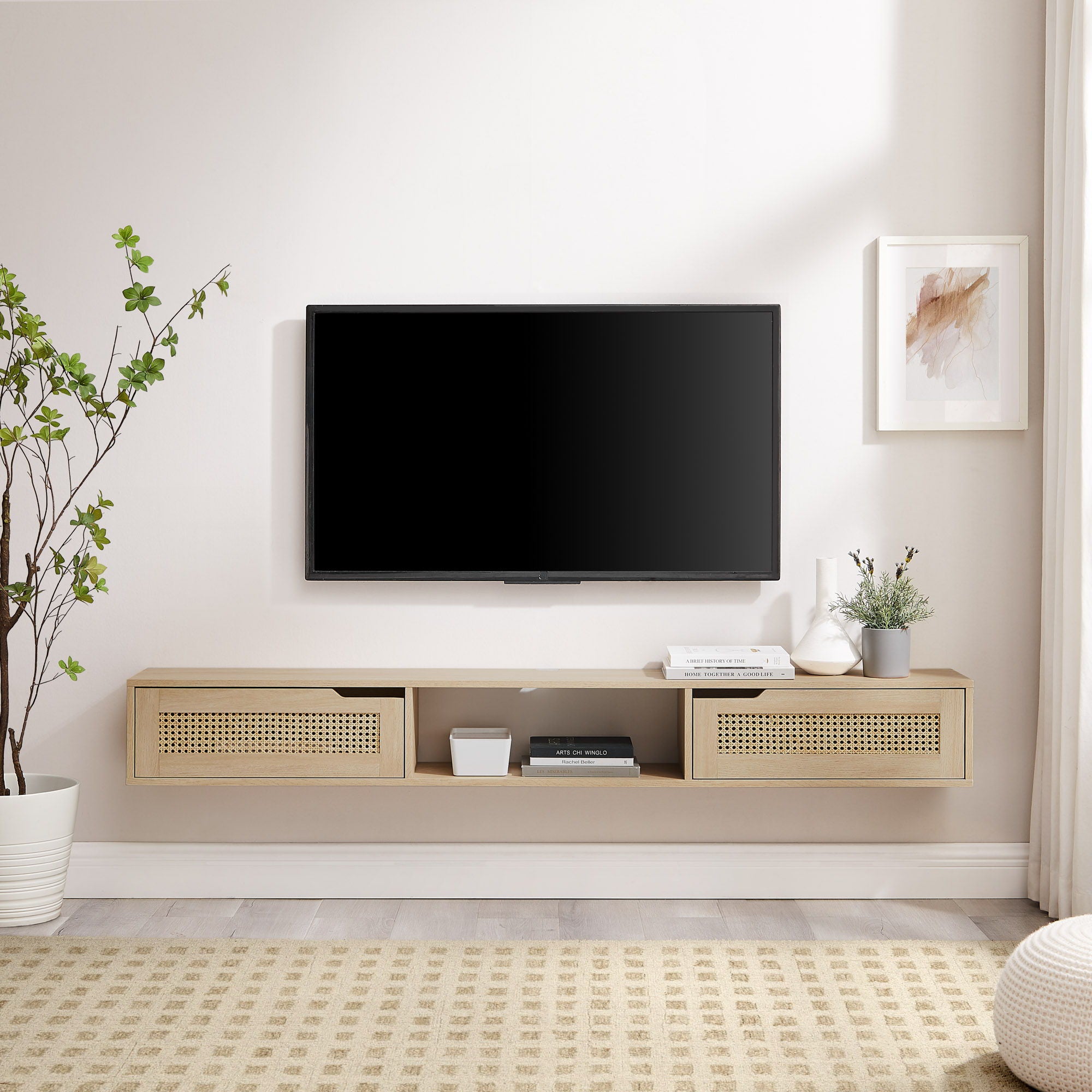 Modern Rattan Door Floating TV Stand For TVs Up To 80&quot;