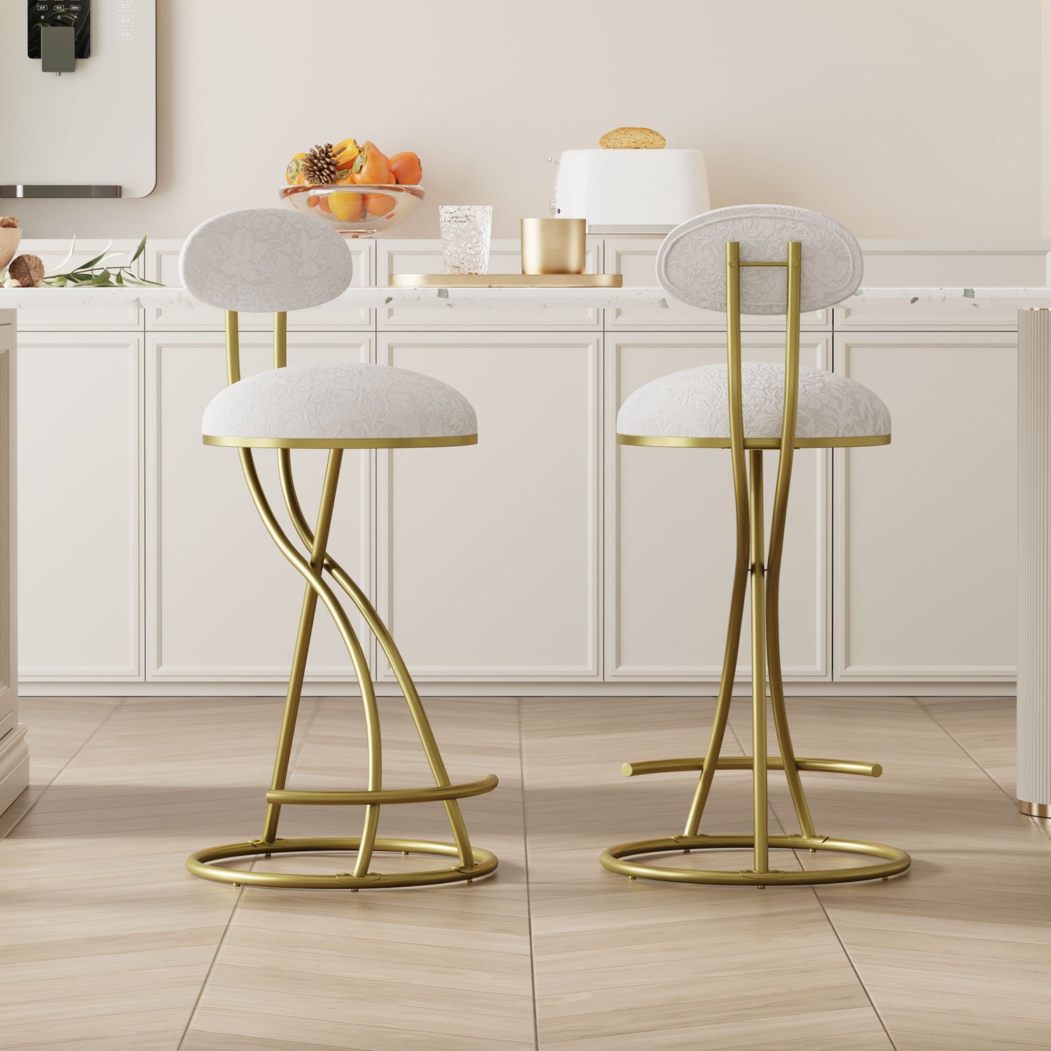Round Print Bar Stools Upholstered Chairs For Kitchen (Set of 2)