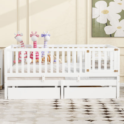 Daybed With Fence Guardrails And 2 Drawers, Split Into Independent Floor Bed &amp; Daybed