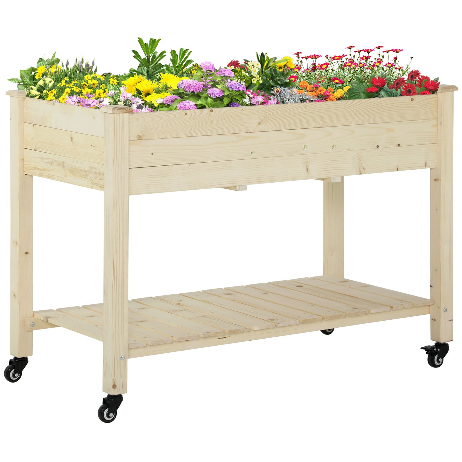 Outsunny - Raised Garden Bed, 47&quot; x 22&quot; x 33&quot;, Elevated Wooden Planter Box With Lockable Wheels, Storage Shelf, And Bed Liner For Backyard, Patio - Natural