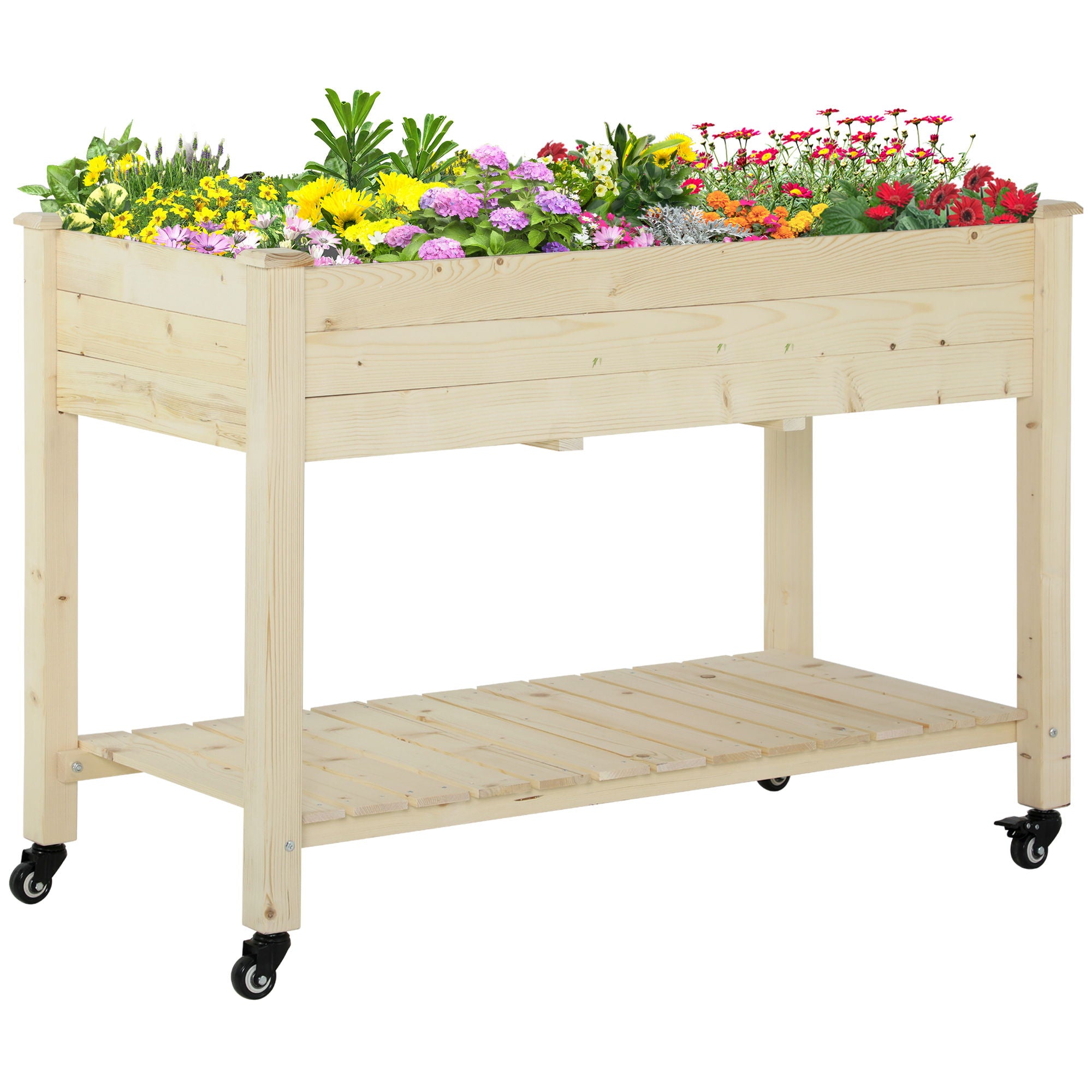 Outsunny - Raised Garden Bed, 47&quot; x 22&quot; x 33&quot;, Elevated Wooden Planter Box With Lockable Wheels, Storage Shelf, And Bed Liner For Backyard, Patio - Natural