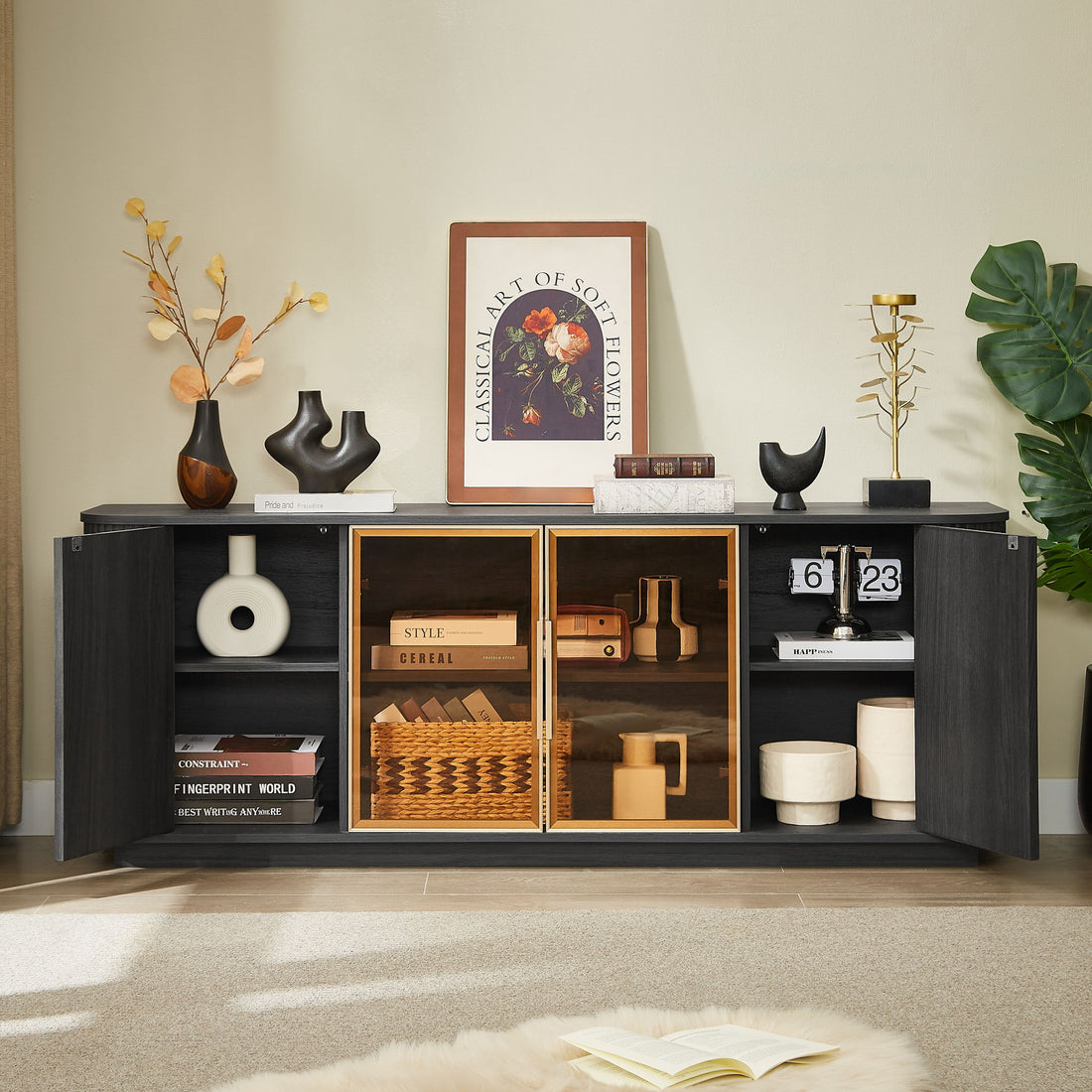 Modern 64&quot; Wavy TV Cabinet With LED Lights - Black