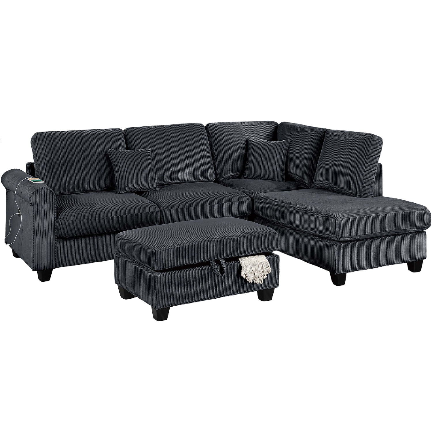 Contemporary Sectional Set With Right Arm Chaise, Left Arm Sofa With USB Port, Storage Ottoman