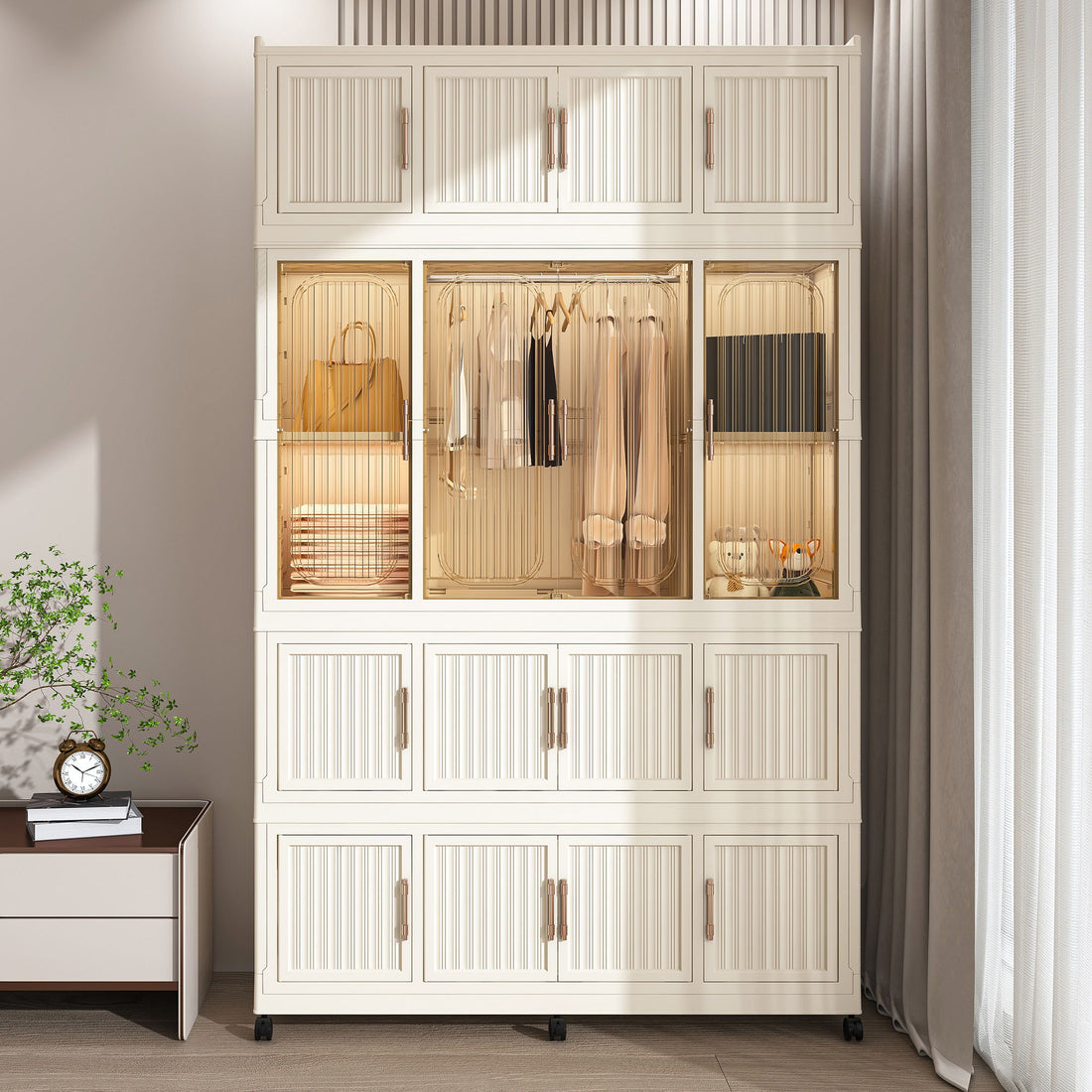 Portable Wardrobe Closet Storage Organizer With 17 Magnetic Doors, 17 Cubes, Hanging Rod &amp; 6 Hangers - Creamy White