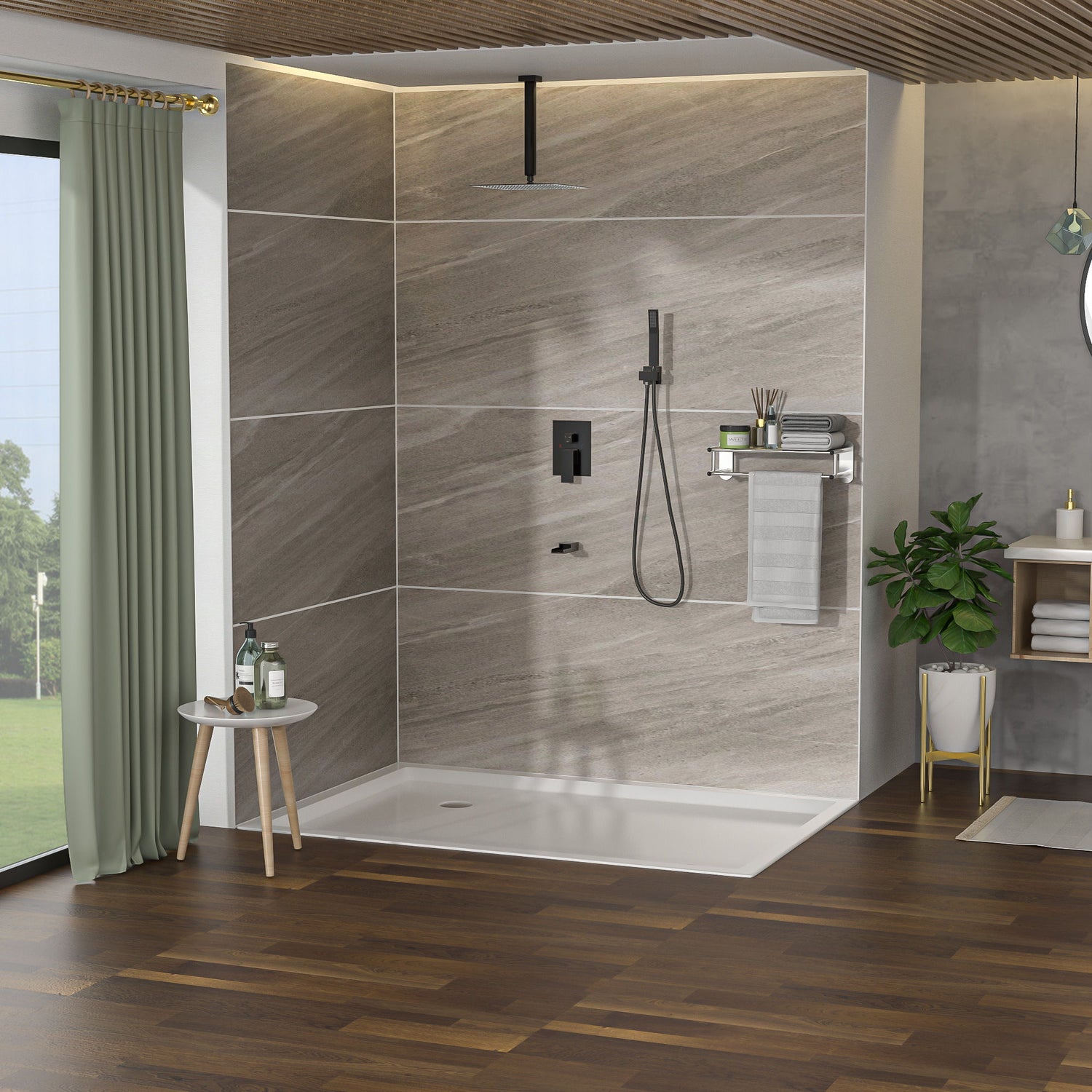 Shower System With Waterfall Tub Spout And 16&quot; Ceiling Mount Square Rain Shower - Oil-Rubbed Bronze