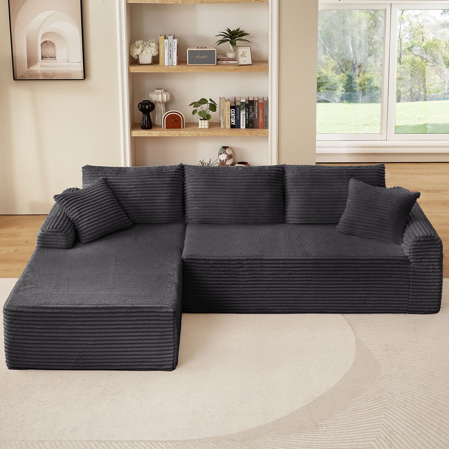 Modular Corduroy Sectional With Arched Armrests, Includes 3 Back Cushions &amp; 2 Throw Pillows