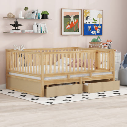 Daybed With Fence Guardrails And 2 Drawers, Split Into Independent Floor Bed &amp; Daybed
